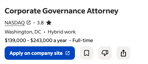 Anúncio de vaga real: Corporate Governance Attorney, Washington, DC