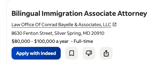 Anúncio de vaga real: Bilingual Immigration Associate Attorney, Silver Spring, MD
