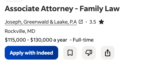 Anúncio de vaga real: Associate Attorney — Family Law, Rockville, MD