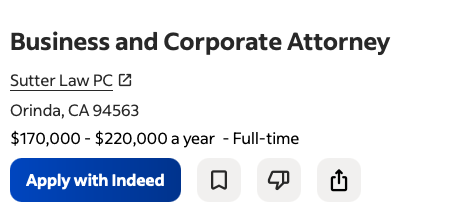 Anúncio de vaga real: Business and Corporate Attorney, Orinda, CA