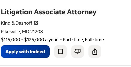 Anúncio de vaga real: Litigation Associate Attorney, Pikesville, MD