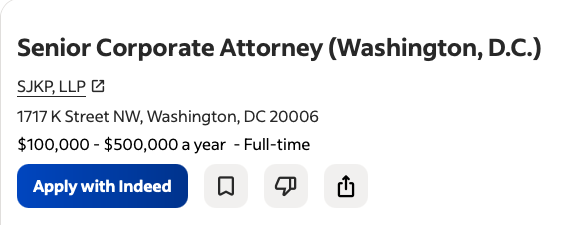 Anúncio de vaga real: Senior Corporate Attorney, Washington, DC