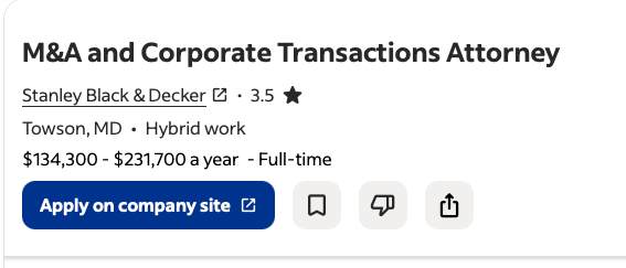 Anúncio de vaga real: M&A and Corporate Transactions Attorney, Towson, MD