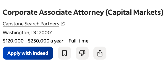 Anúncio de vaga real: Corporate Associate Attorney (Capital Markets), Washington, DC